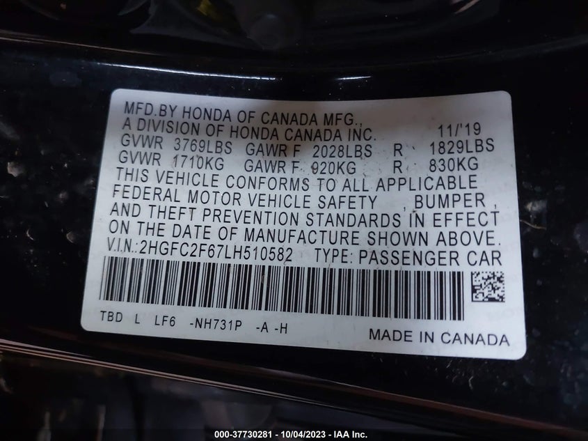 VIN 2HGFC2F67LH510582 2020 HONDA CIVIC SEDAN LX