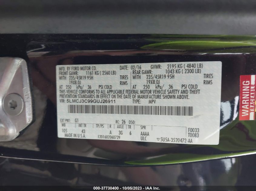 2016 LINCOLN MKC RESERVE - 5LMCJ3C99GUJ26911