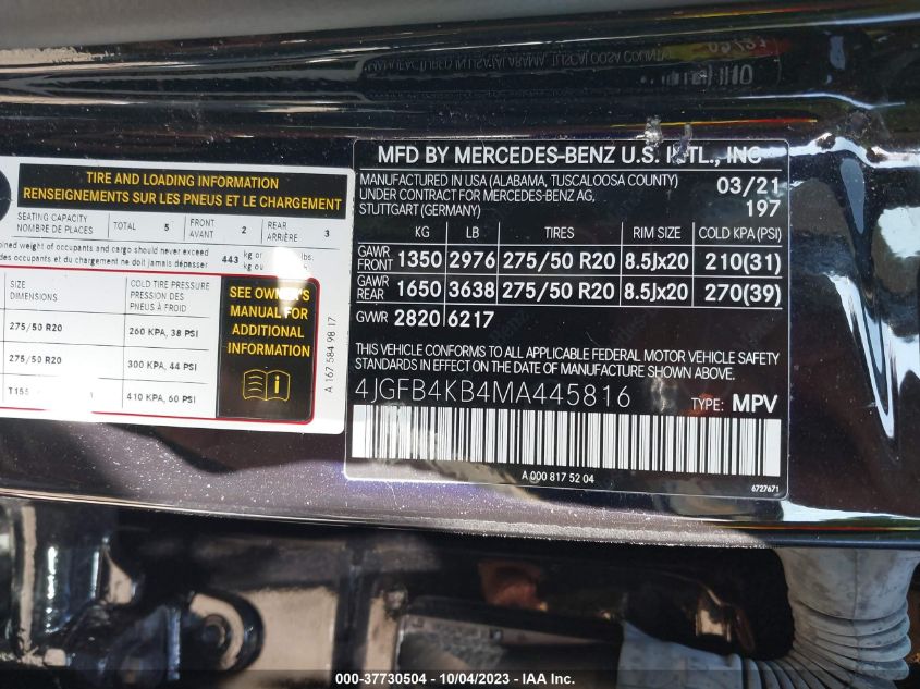 VIN 4JGFB4KB4MA445816 2021 MERCEDES-BENZ GLE GLE 350