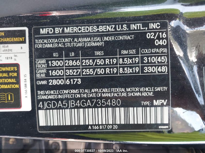 2016 MERCEDES-BENZ GLE 4JGDA5JB4GA735480