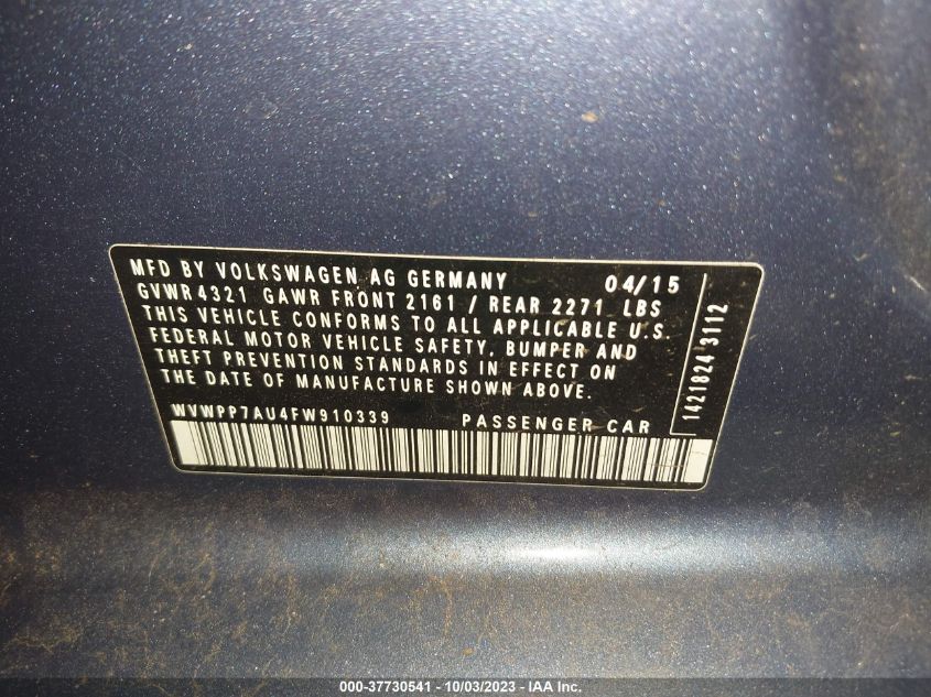 2015 VOLKSWAGEN E-GOLF SEL PREMIUM - WVWPP7AU4FW910339
