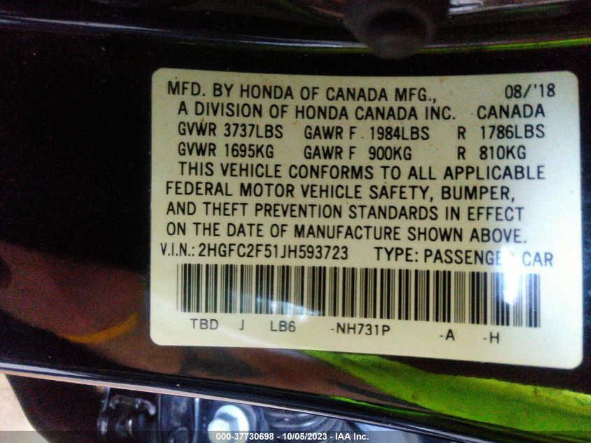 2018 HONDA CIVIC LX - 2HGFC2F51JH593723