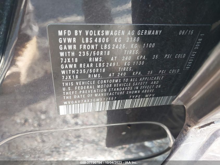 2016 VOLKSWAGEN TIGUAN S/SE/SEL/R-LINE - WVGAV7AX3GW512557