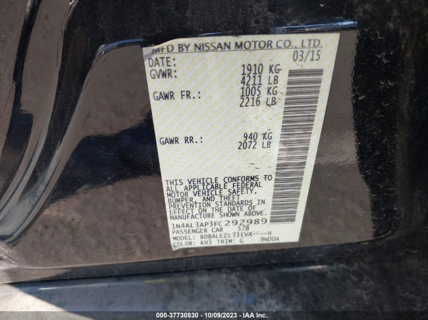 2015 NISSAN ALTIMA 2.5 S - 1N4AL3AP3FC292989