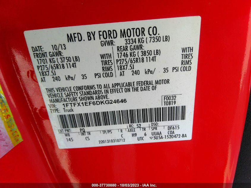 2013 FORD F-150 XL/STX/XLT/FX4/LARIAT - 1FTFX1EF6DKG24646