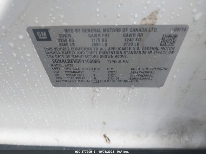2015 CHEVROLET EQUINOX LT - 2GNALBEK5F1106966