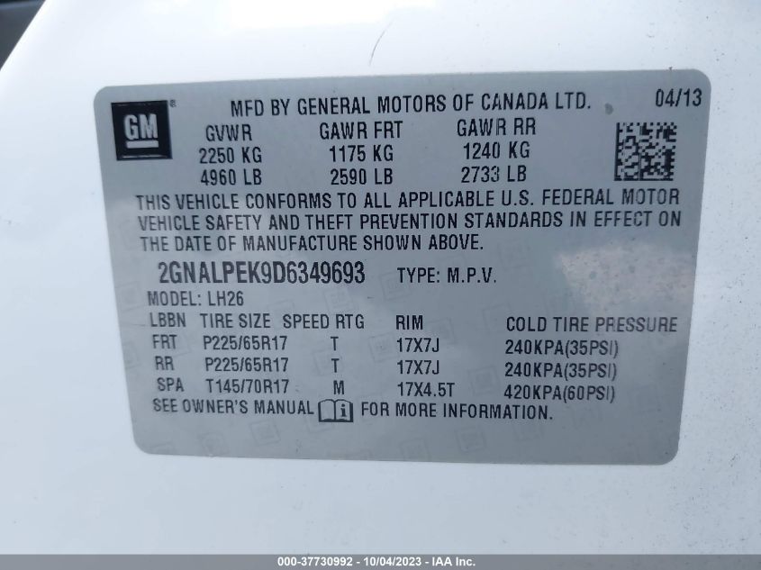 2013 CHEVROLET EQUINOX LT - 2GNALPEK9D6349693