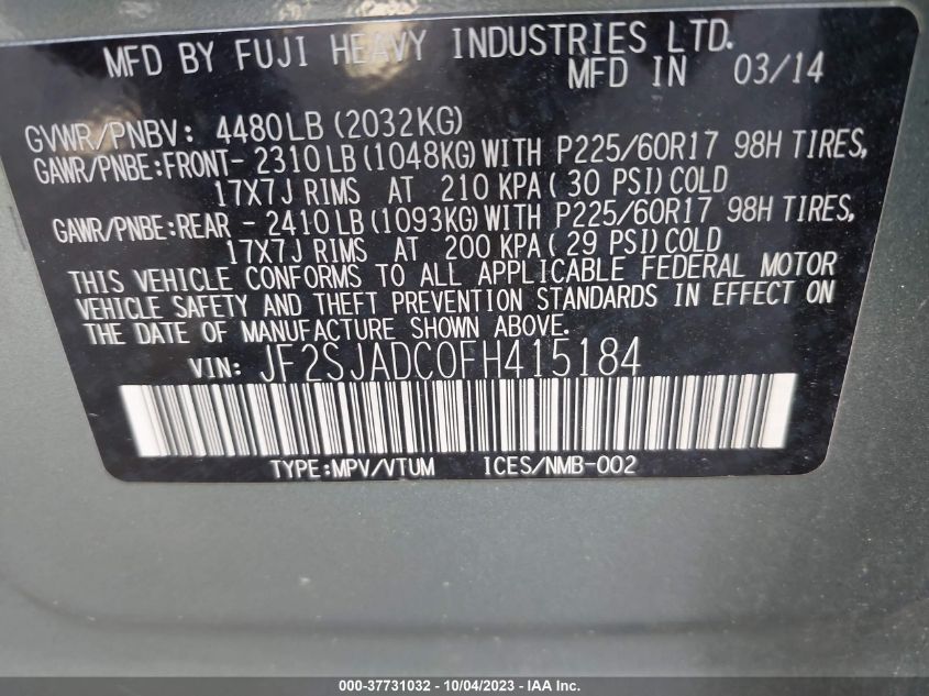 2015 SUBARU FORESTER 2.5I PREMIUM - JF2SJADC0FH415184