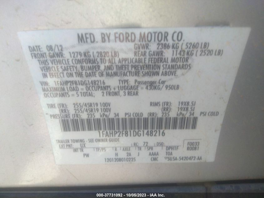 2013 FORD TAURUS LIMITED - 1FAHP2F81DG148216