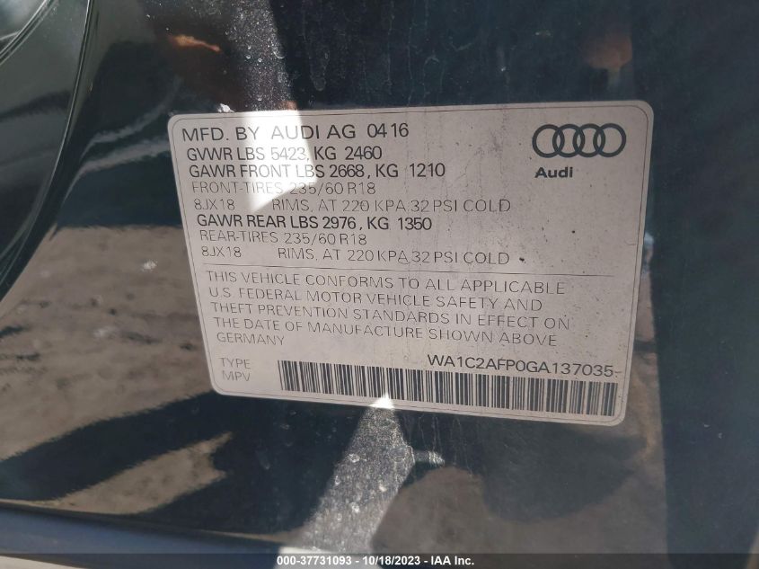 2016 AUDI Q5 PREMIUM - WA1C2AFP0GA137035