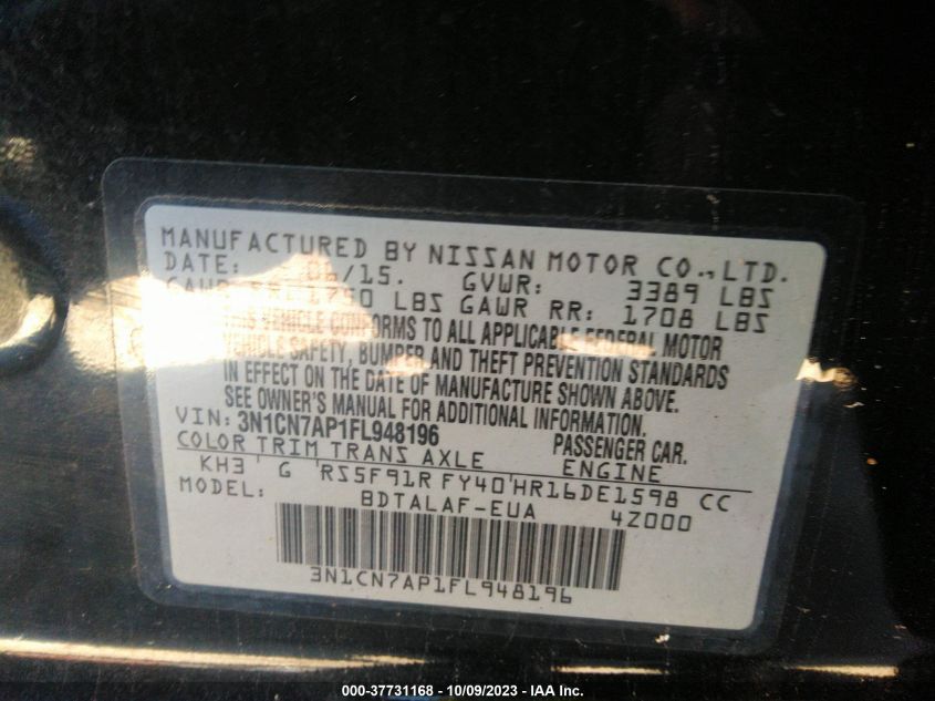 2015 NISSAN VERSA S - 3N1CN7AP1FL948196