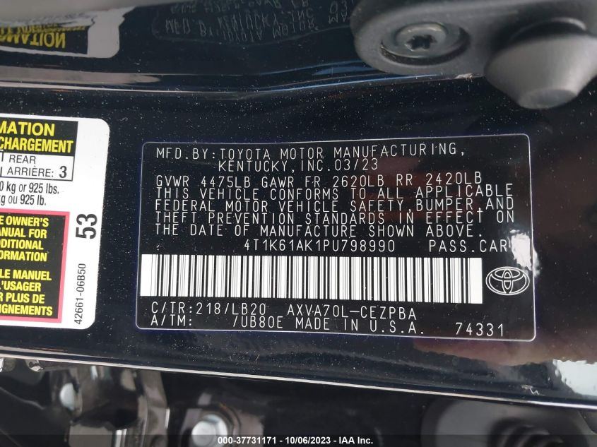 2023 TOYOTA CAMRY XSE - 4T1K61AK1PU798990