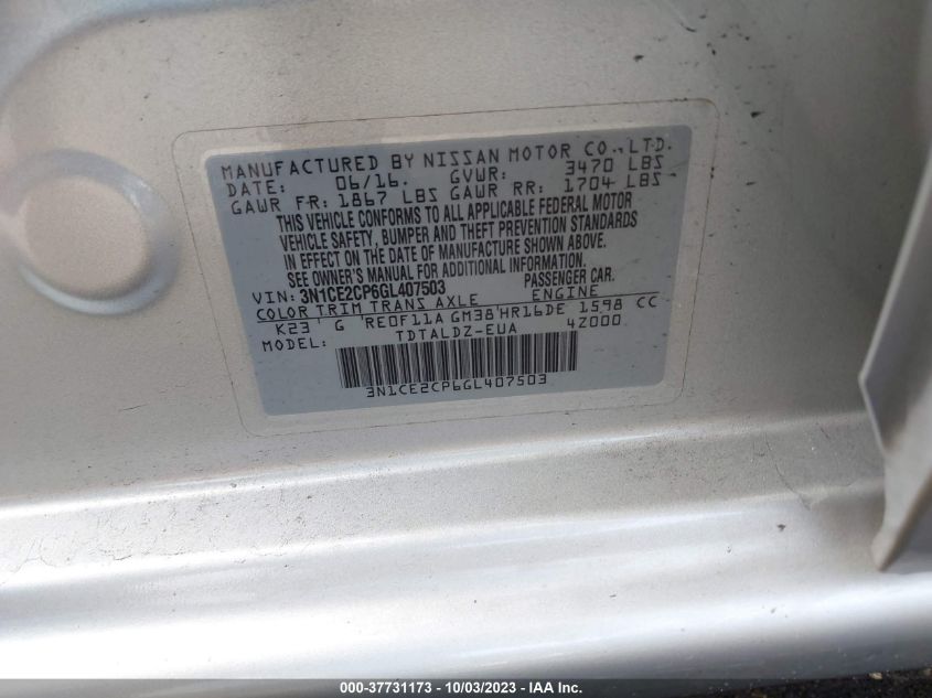 2016 NISSAN VERSA NOTE S/S PLUS/SV/SL/SR - 3N1CE2CP6GL407503
