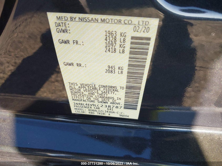 VIN 1N4BL4EV9LC238787 2020 NISSAN ALTIMA 2.5 SL