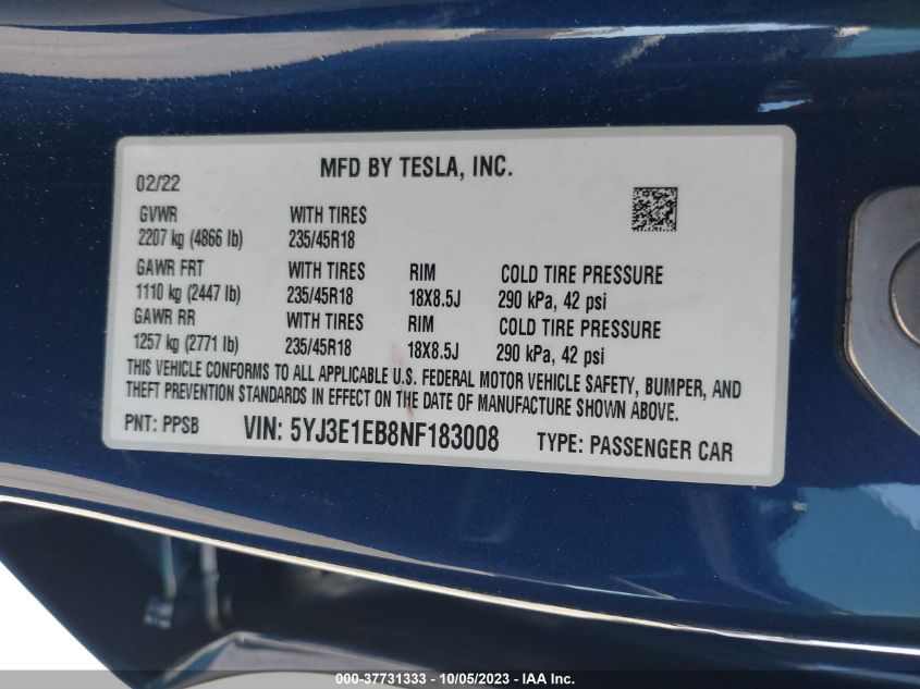 2022 TESLA MODEL 3 LONG RANGE - 5YJ3E1EB8NF183008