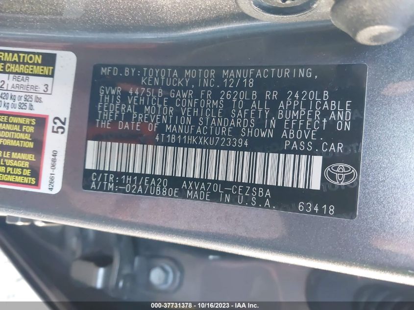 2019 TOYOTA CAMRY LE/SE/XLE/L - 4T1B11HKXKU723394