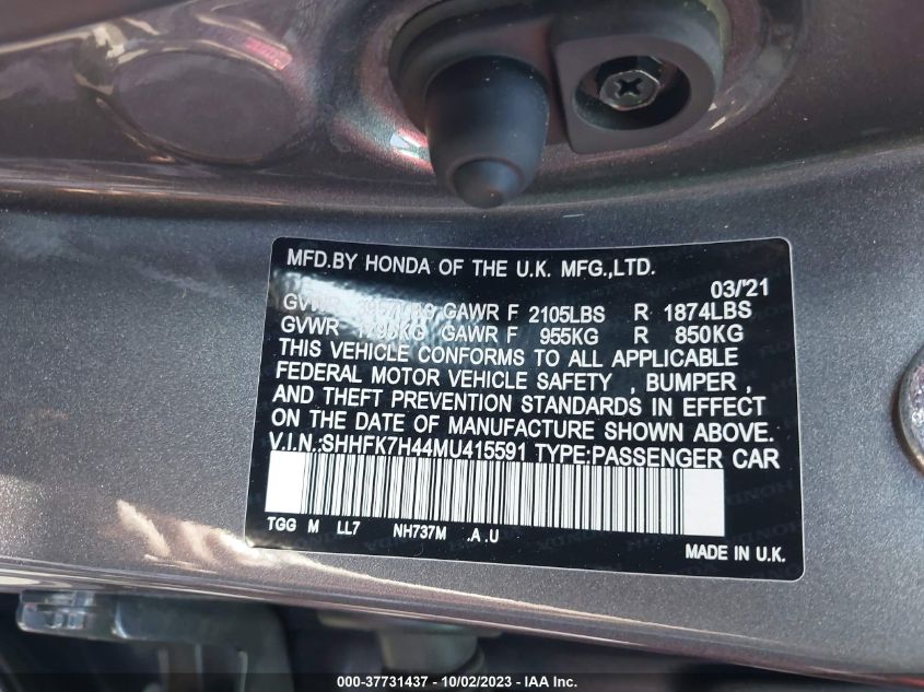 2021 HONDA CIVIC HATCHBACK SPORT SHHFK7H44MU415591