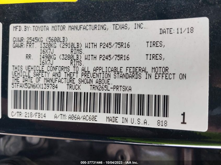 2019 TOYOTA TACOMA 2WD SR/SR5 - 5TFAX5GN6KX139784