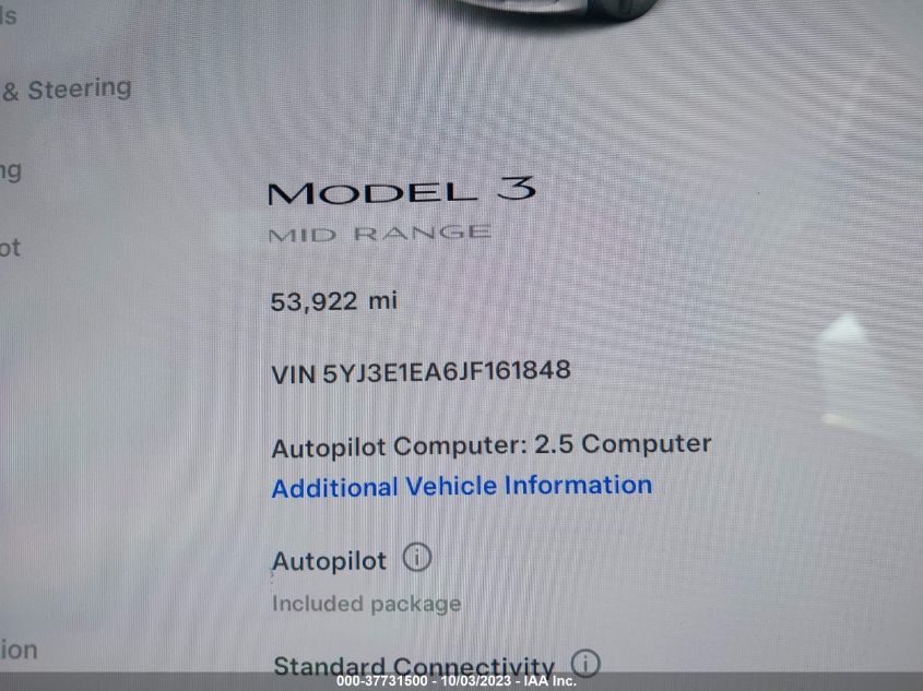 2018 TESLA MODEL 3 RANGE BATTERY - 5YJ3E1EA6JF161848
