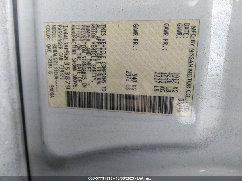 2016 NISSAN ALTIMA 2.5 - 1N4AL3AP9GN353879
