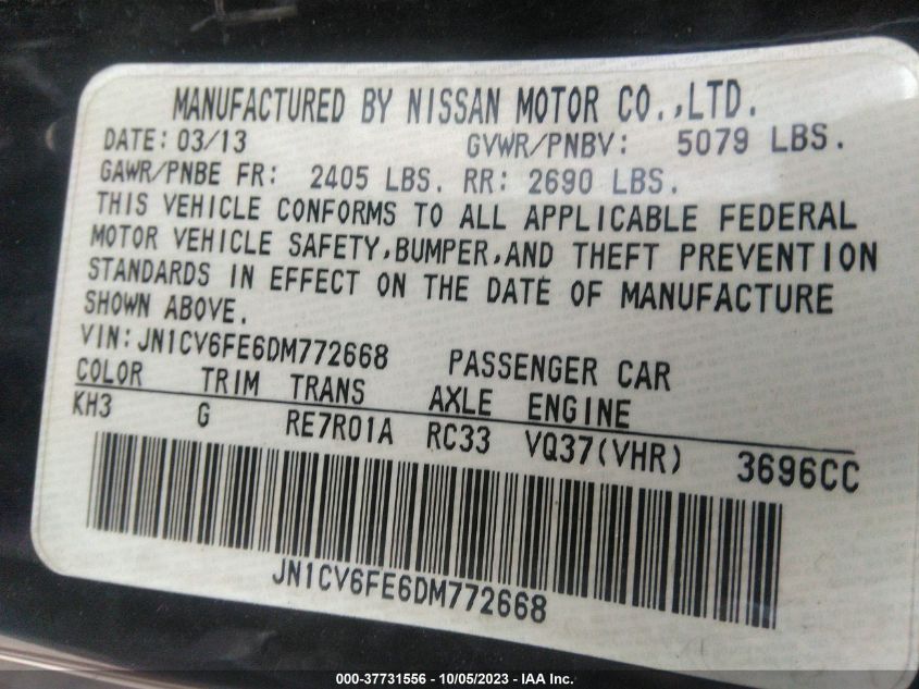 2013 INFINITI G37 CONVERTIBLE BASE JN1CV6FE6DM772668
