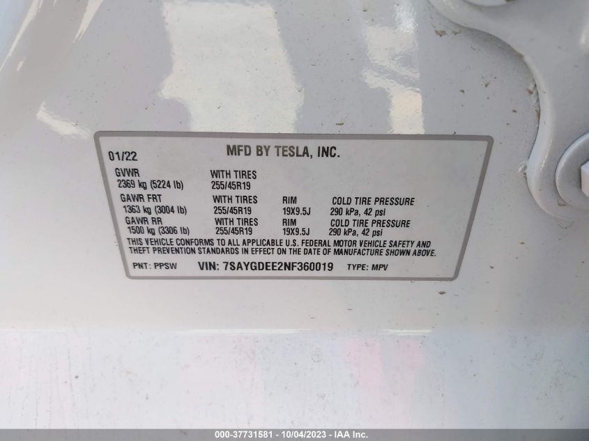2022 TESLA MODEL Y LONG RANGE - 7SAYGDEE2NF360019