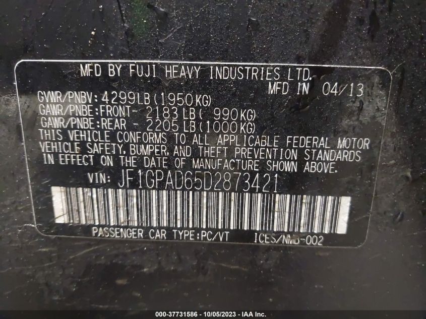 2013 SUBARU IMPREZA WAGON 2.0I PREMIUM - JF1GPAD65D2873421