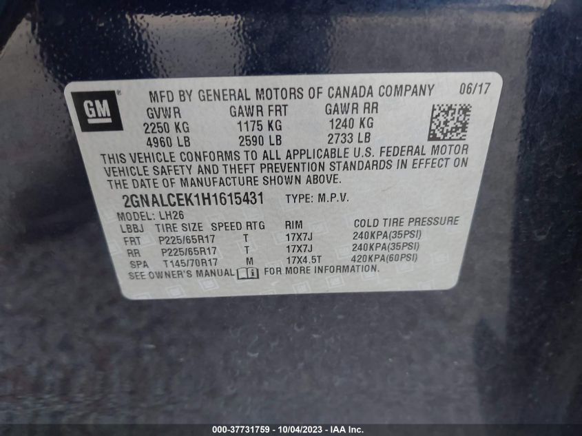 2017 CHEVROLET EQUINOX LT - 2GNALCEK1H1615431