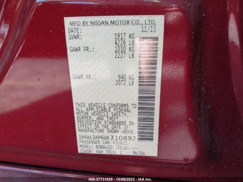 2016 NISSAN ALTIMA 2.5 - 1N4AL3AP6GN310892