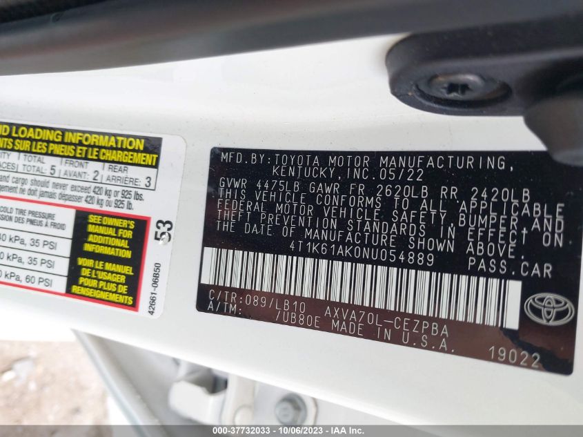 2022 TOYOTA CAMRY XSE - 4T1K61AK0NV054889