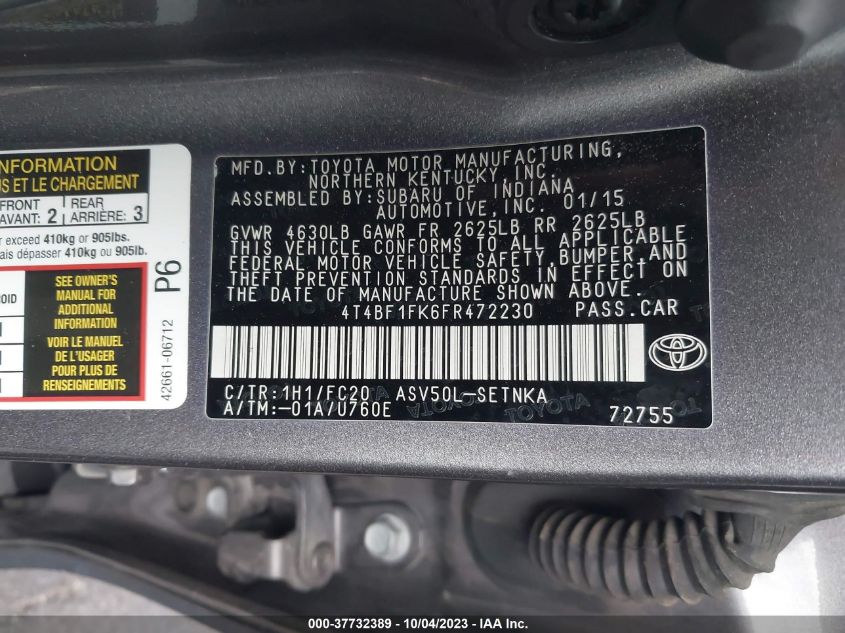 2015 TOYOTA CAMRY XLE/SE/LE/XSE - 4T4BF1FK6FR472230