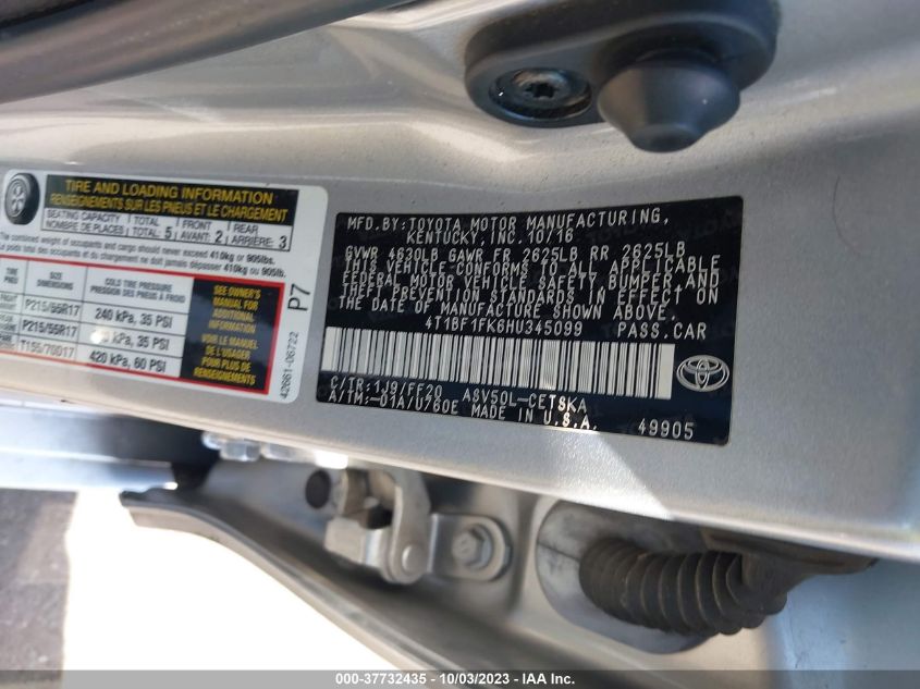2017 TOYOTA CAMRY SE - 4T1BF1FK6HU345099