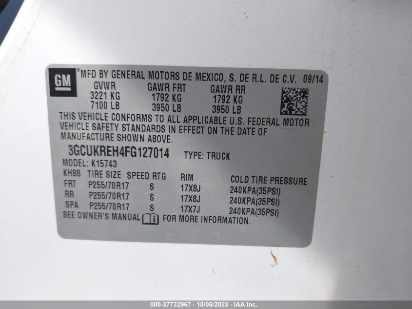 2015 CHEVROLET SILVERADO 1500 LT - 3GCUKREH4FG127014