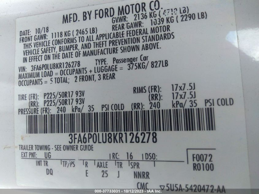 3FA6P0LU8KR126278 Ford Fusion SE 9