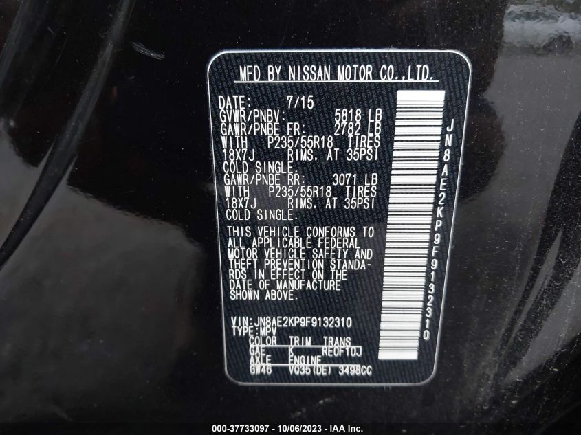 2015 NISSAN QUEST SL - JN8AE2KP9F9132310