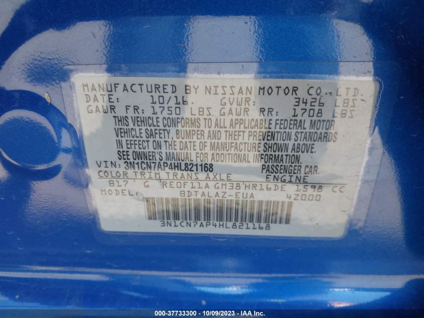 2017 NISSAN VERSA SEDAN S PLUS - 3N1CN7AP4HL821168