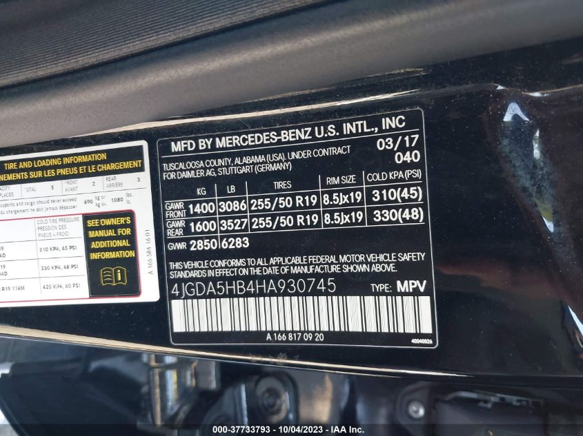 2017 MERCEDES-BENZ GLE GLE 350 4JGDA5HB4HA930745