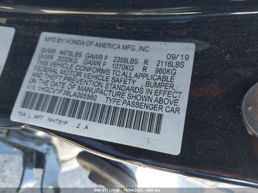 2020 HONDA ACCORD SEDAN SPORT - 1HGCV1F39LA005560