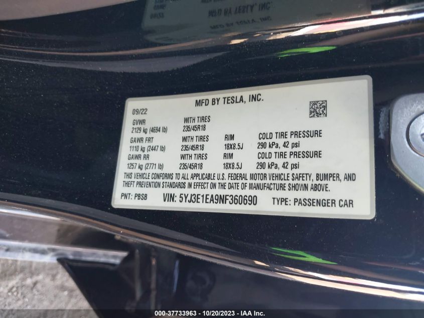 2022 TESLA MODEL 3 - 5YJ3E1EA9NF360690