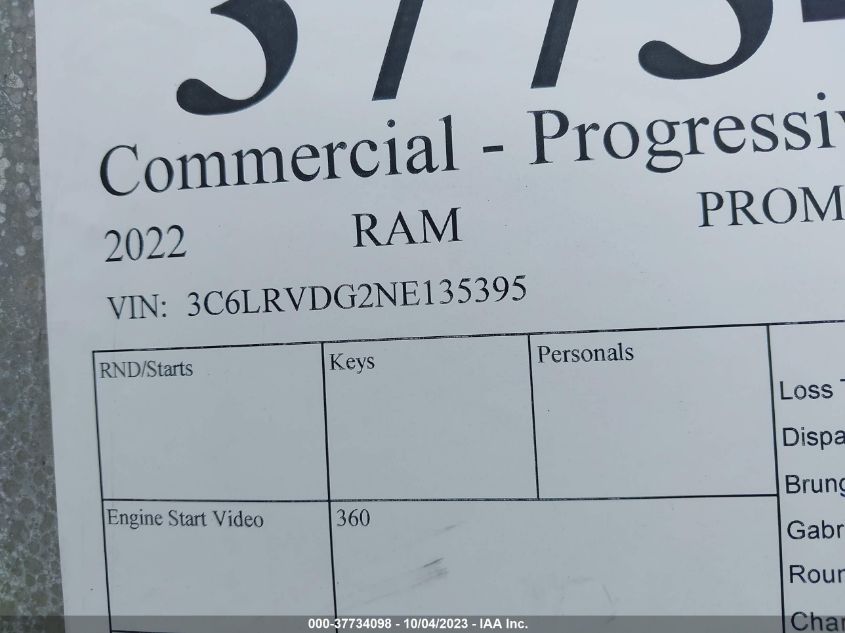 2022 RAM PROMASTER 2500 HIGH ROOF 159" WB 3C6LRVDG2NE135395