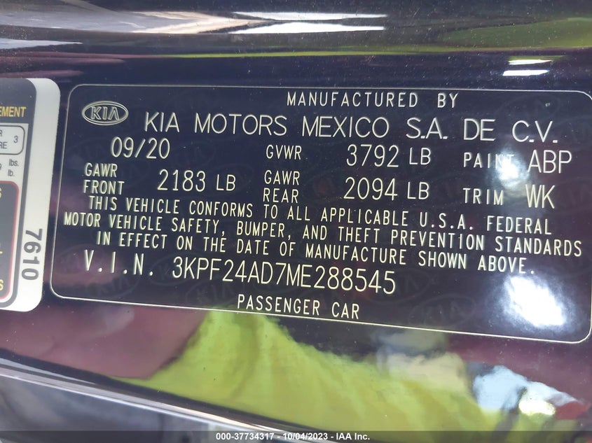 2021 KIA FORTE 2.0L I4 FI DOHC 16V (VIN: 3KPF24AD7ME288545