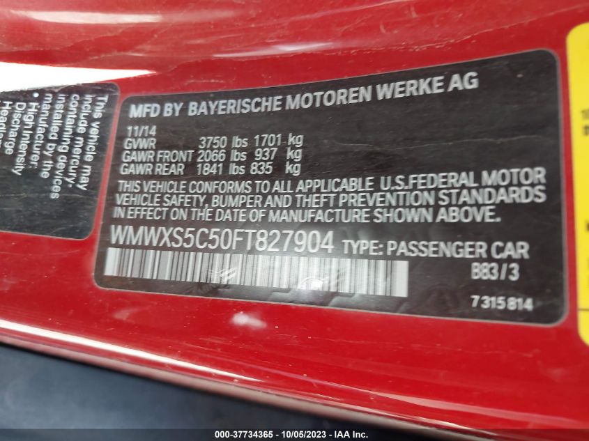 2015 MINI HARDTOP COOPER WMWXS5C50FT827904