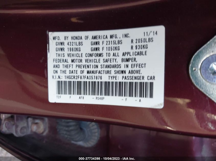 2015 HONDA ACCORD SEDAN EX-L - 1HGCR2F87FA057876