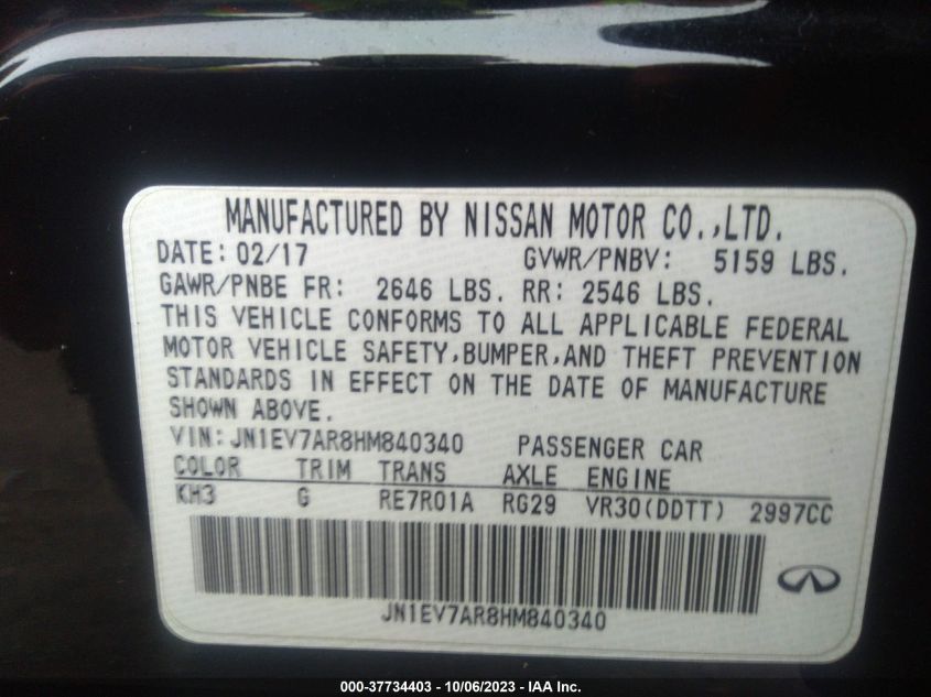 2017 INFINITI Q50 3.0T PREMIUM - JN1EV7AR8HM840340
