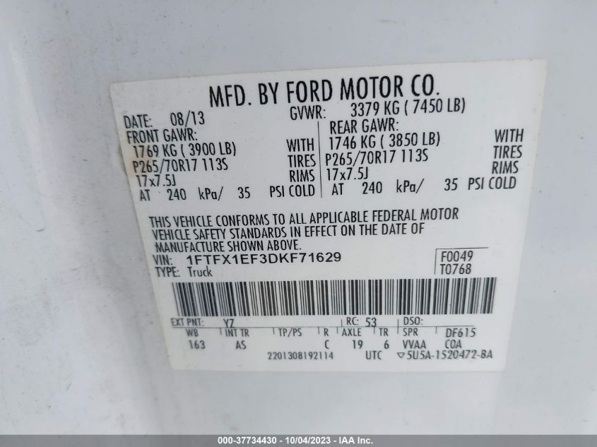 2013 FORD F-150 XL/STX/XLT/FX4/LARIAT - 1FTFX1EF3DKF71629
