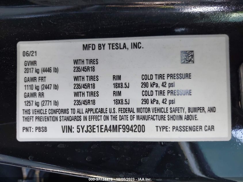 2021 TESLA MODEL 3 STANDARD RANGE PLUS - 5YJ3E1EA4MF994200