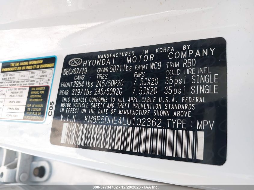 VIN KM8R5DHE4LU102362 2020 HYUNDAI PALISADE LIMITED