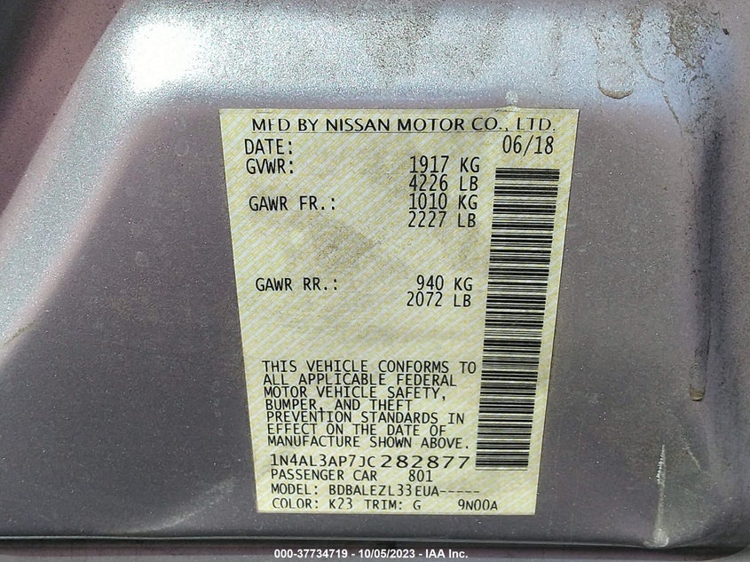 VIN 1N4AL3AP7JC282877 2018 NISSAN ALTIMA 2.5/S/SV/SL/SR