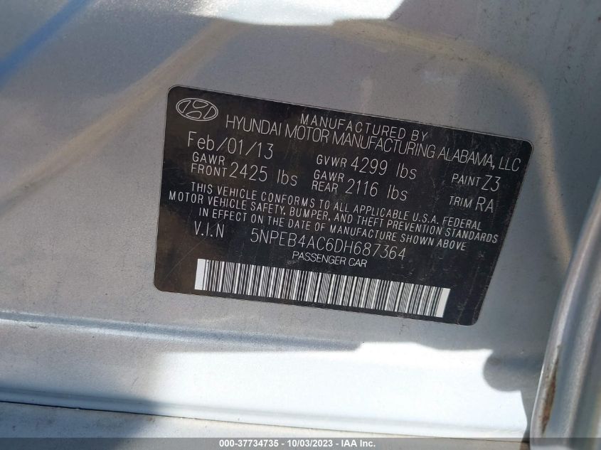 2013 HYUNDAI SONATA GLS PZEV - 5NPEB4AC6DH687364