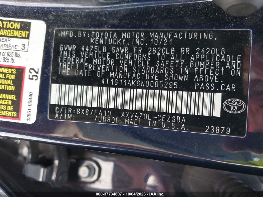 2022 TOYOTA CAMRY SE NIGHTSHADE - 4T1G11AK6NU005295